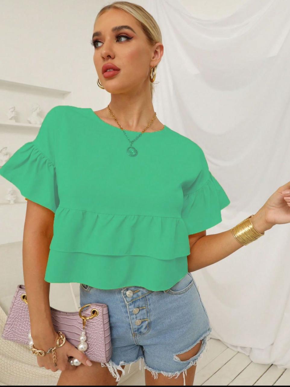 Flounce Sleeve Layered Ruffle Hem Blouse