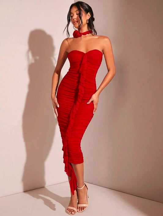 Ruched Strapless Midi Dress With Ruffle Trim And Ribbon Decoration