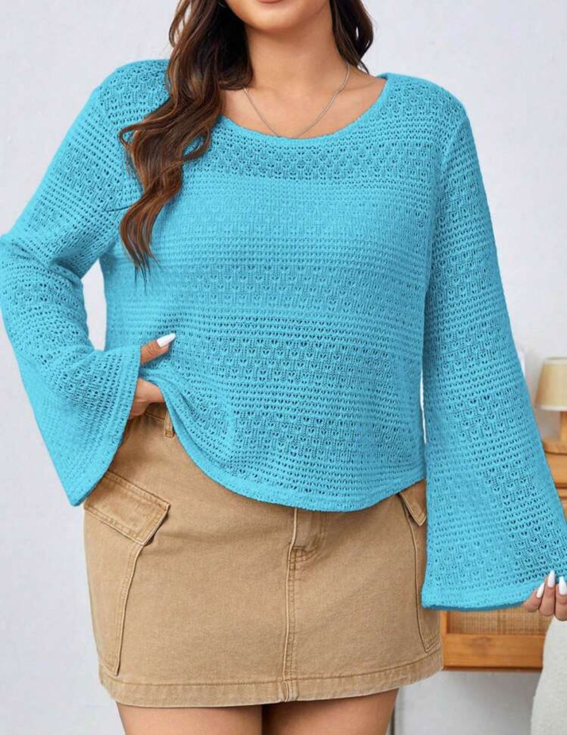 Plus Size Casual Cutout Bell Sleeve Round Neck T-Shirt