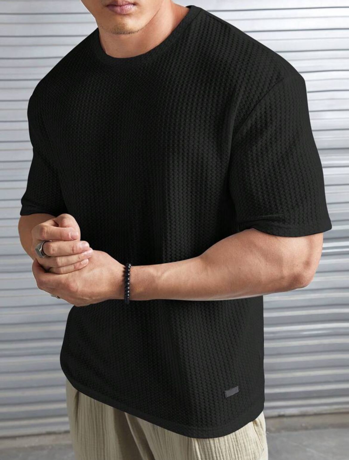 Men Casual Solid Letter Patched Waffle Knit Tee