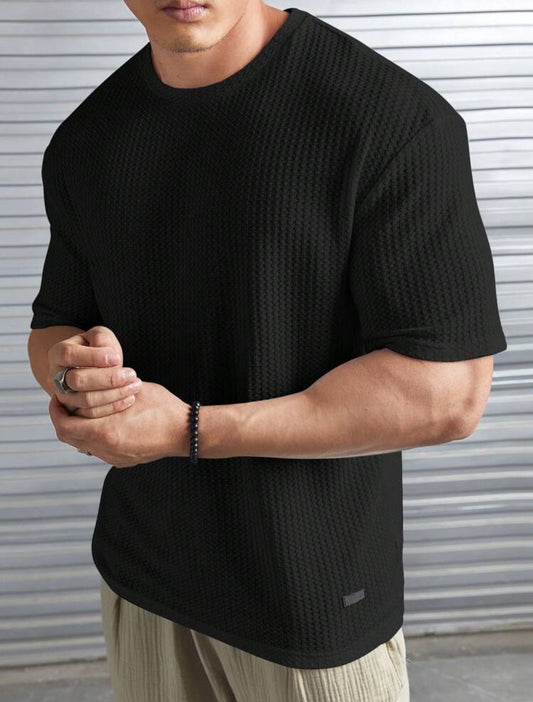 Men Casual Solid Letter Patched Waffle Knit Tee