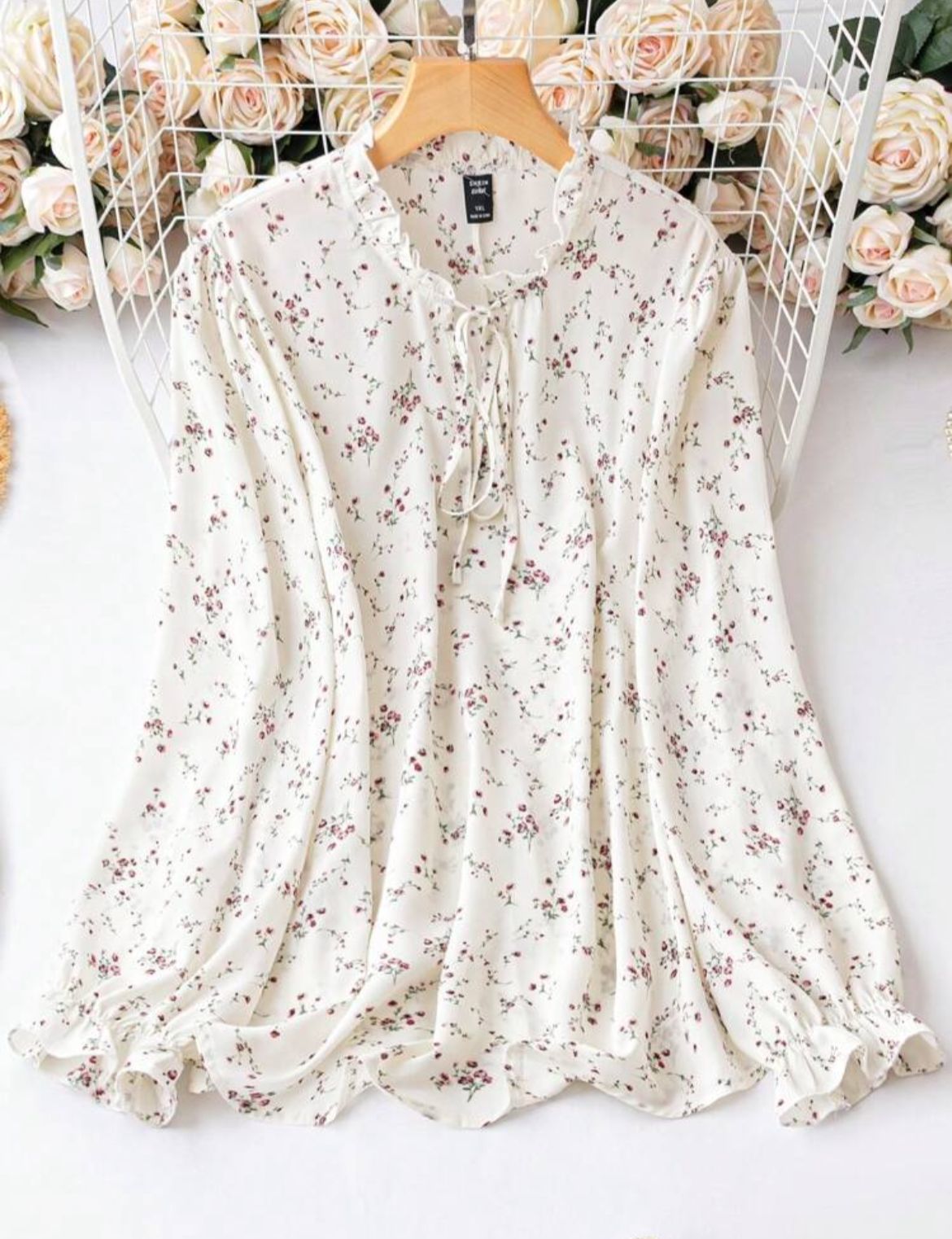 Floral Print Tie Neck Flounce Sleeve Blouse