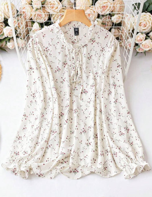 Floral Print Tie Neck Flounce Sleeve Blouse