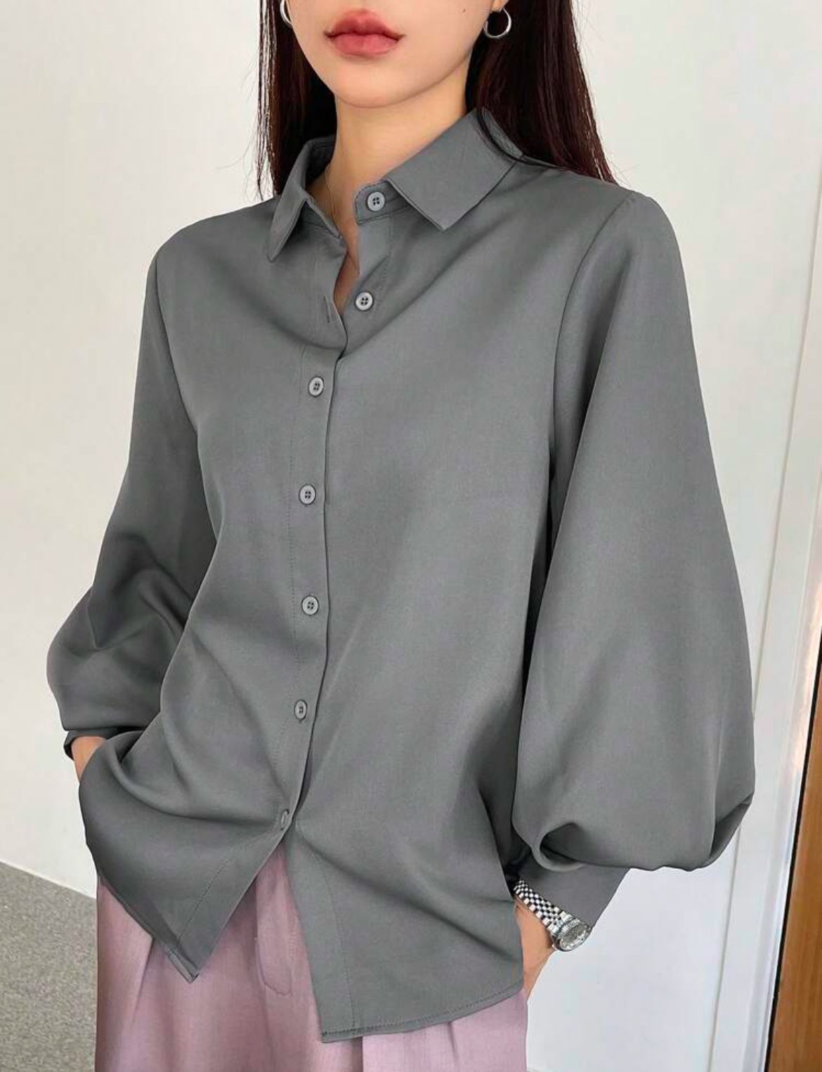 Solid Casual Collared Long Sleeve Blouse