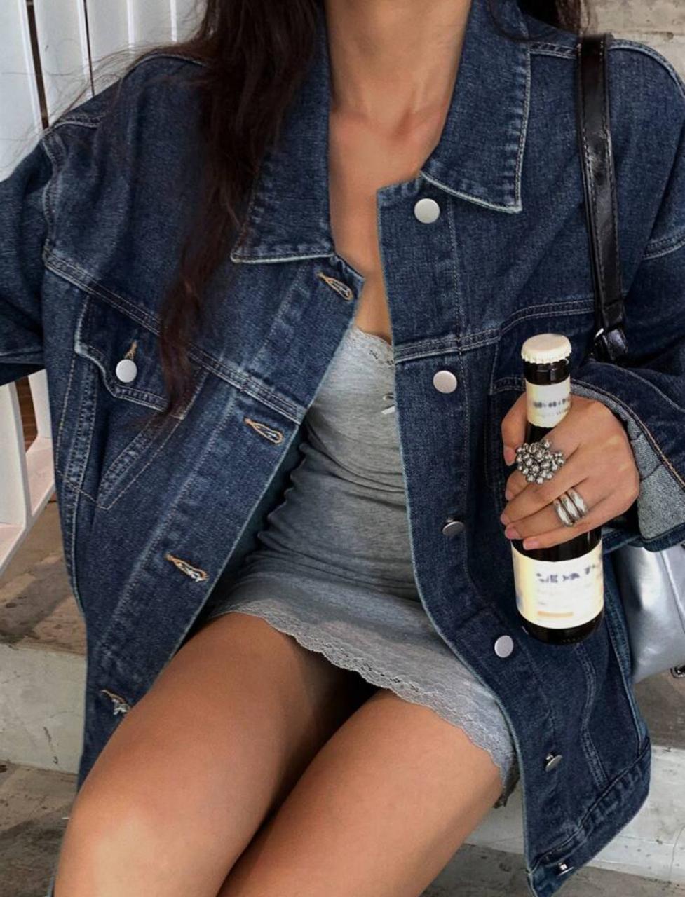 Drop Shoulder Long Sleeve Pocket Loose Casual Denim Jacket
