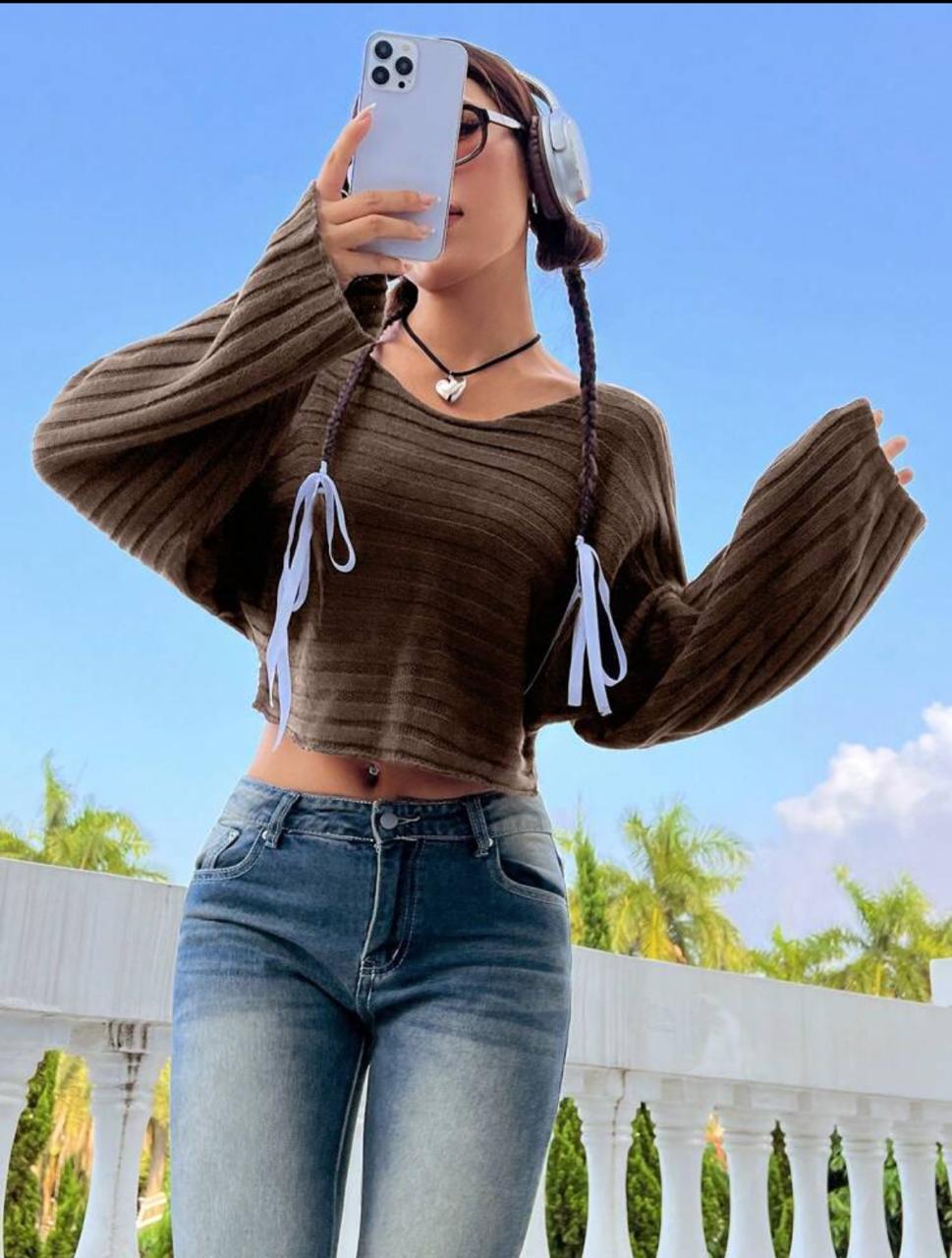 Solid Crop Sweater Long Sleeve Tops