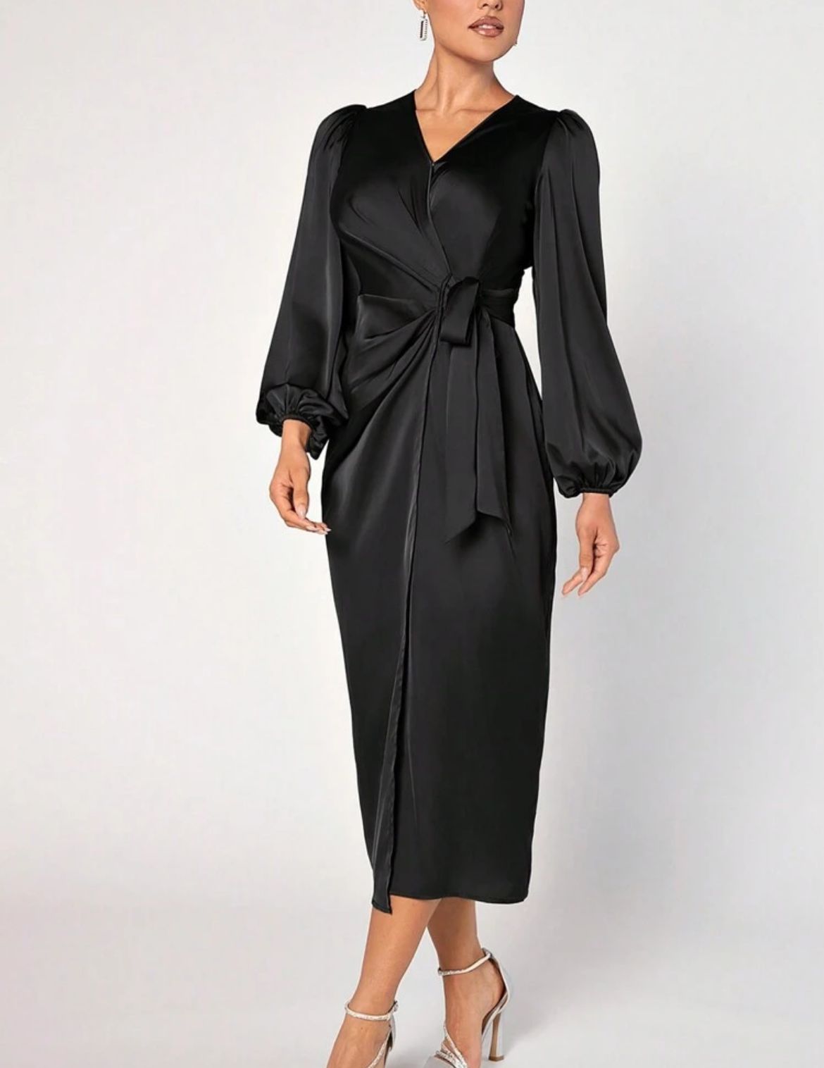 Solid Color V-Neck Lantern Sleeve Dress