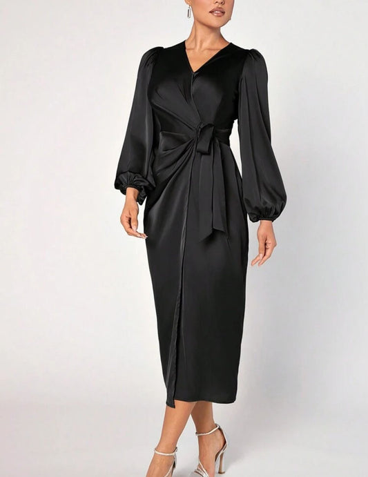 Solid Color V-Neck Lantern Sleeve Dress