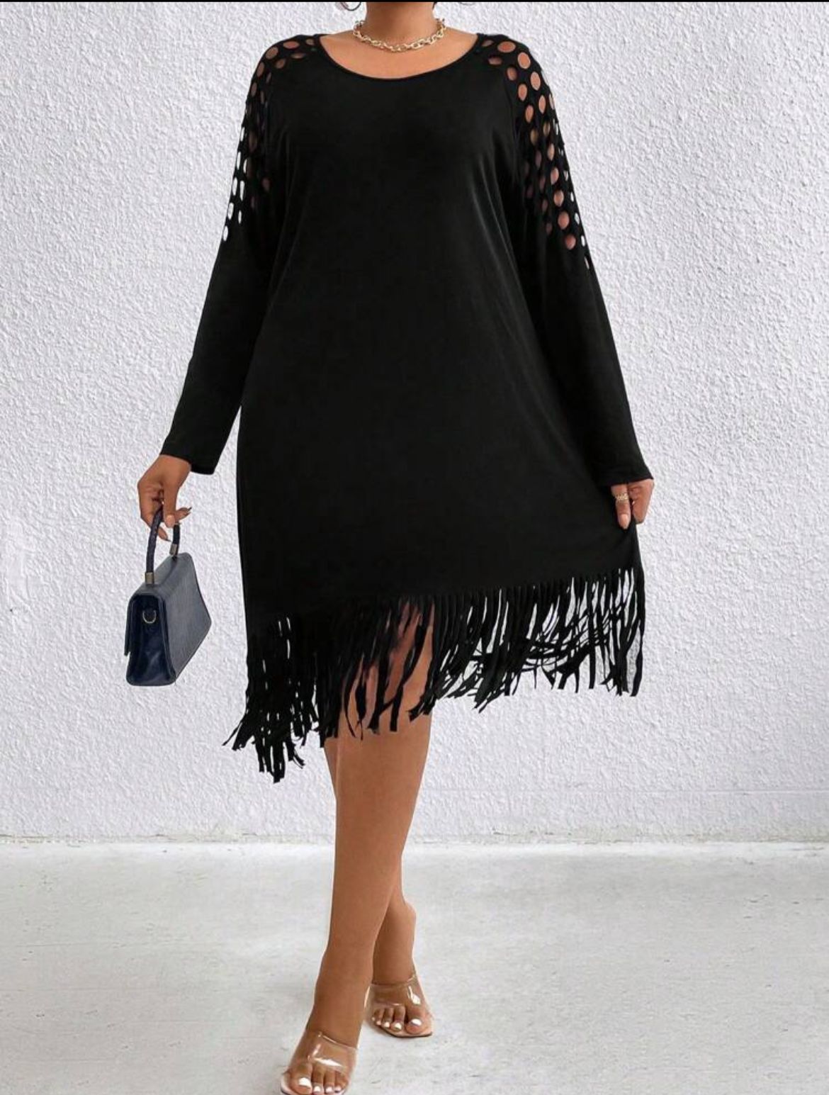 Hollow Out Round Neck Tassel Hem Dress