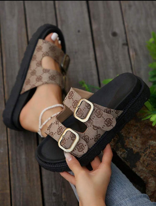 Fashionable Vintage Printed Belt Buckle Thick Bottom Slide Sandals