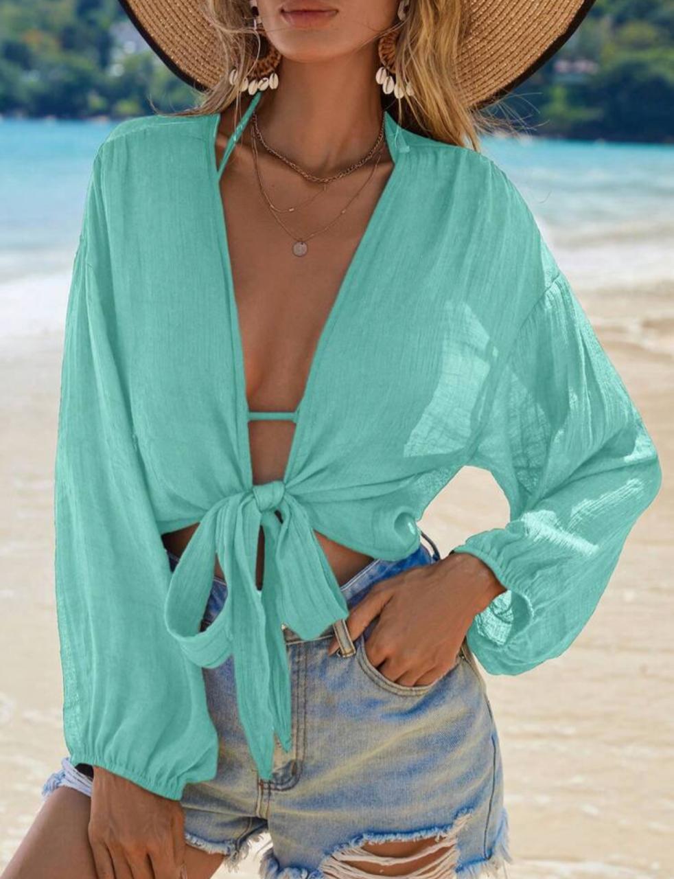 Crop Kimono Cover Up With Lantern Sleeves