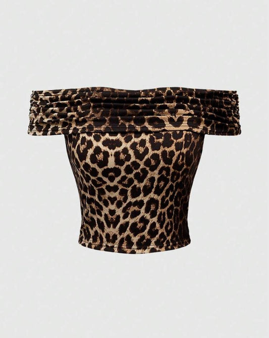 Leopard Print Off Shoulder Slim Fit Top