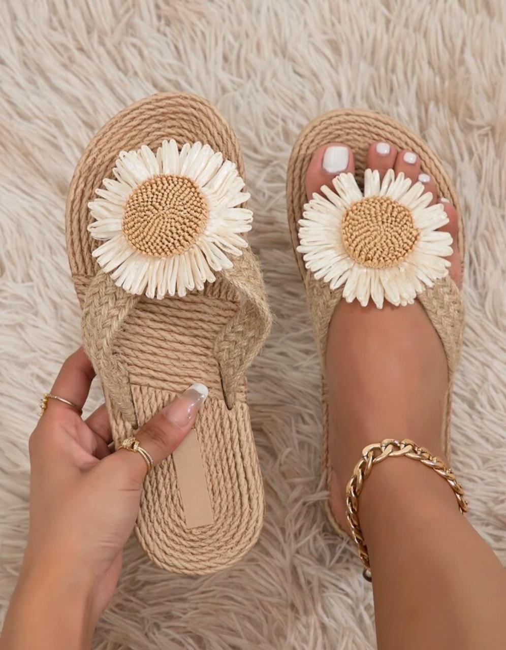 Linen Flower Decor Flip Flops Slippers