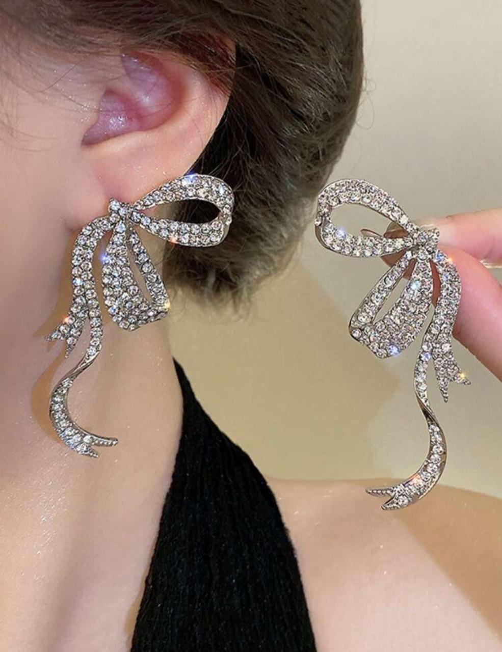 Full Diamond Ribbon Bow Stud Earrings