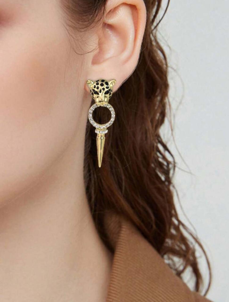 Leopard Head & Cone Shaped Pendant Dangle Earrings