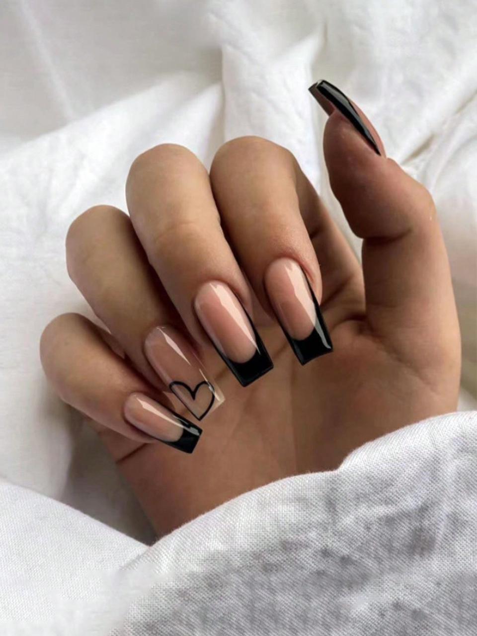 Long Square Coffee Heart & French Design Full Cover Press-On Nails