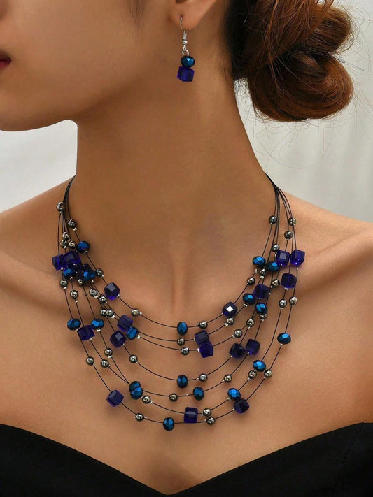 Crystal Geometric Multilayer Necklace And Earring Set