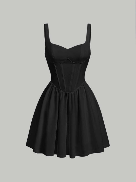 solid bustier fish bone decoration black prom cami dress