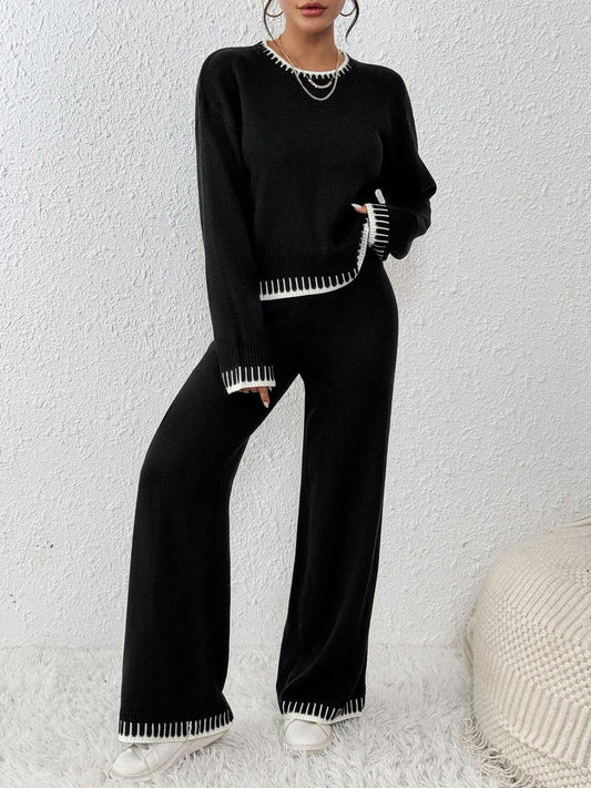 casual elegant colorblock wide leg sweater set