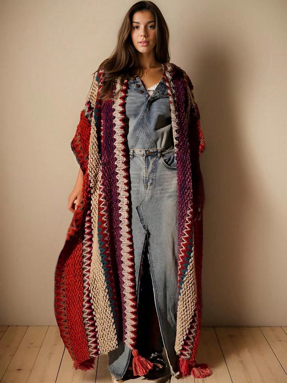 Casual Geometric Rhombus Patterned Woven Fringe Bohemian Style