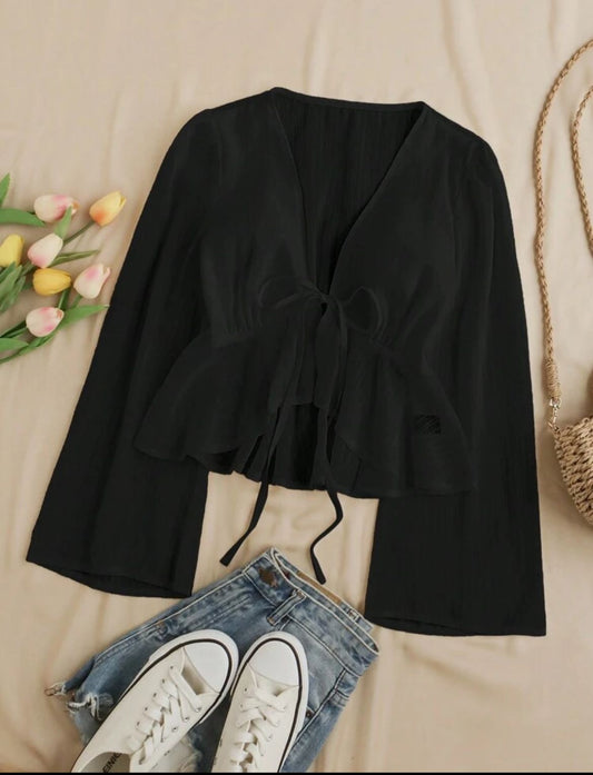 V-Neck Flare Sleeve Flounce Hem Casual Shirt